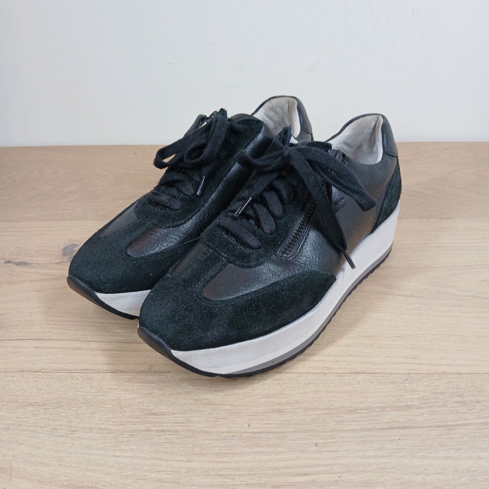 Johnson & Murphy Black Leather Platform Sneakers Women's 6 Side Zip Chunky Sole